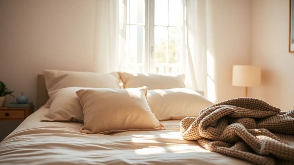 Cozy bedroom with soft lighting and a comfortable bed.