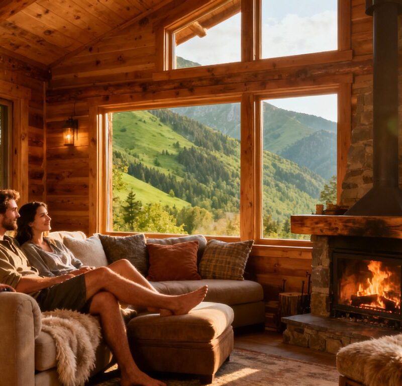 Cozy cabin with mountain view, clothing-optional retreat.