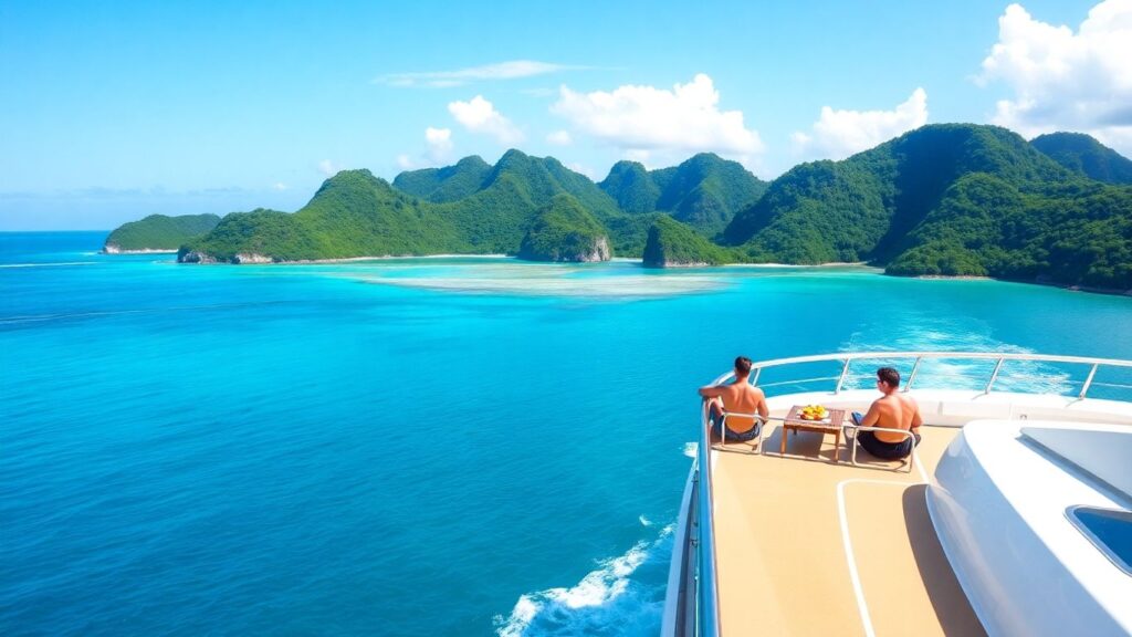Cruise ship in Caribbean with couples relaxing on deck