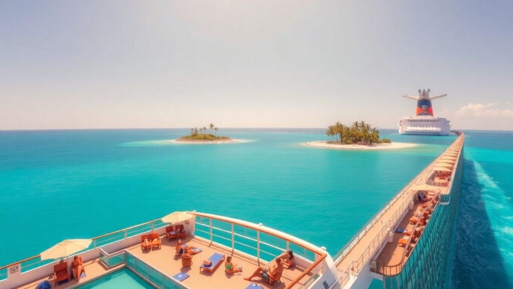 Cruise ship with couples lounging in Caribbean waters
