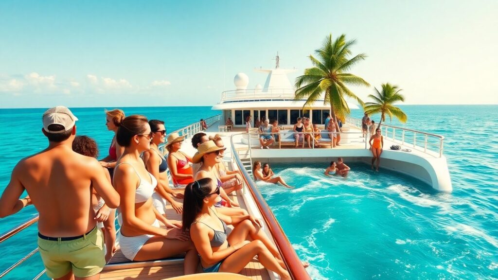 Cruise ship with couples relaxing in Caribbean sunlight