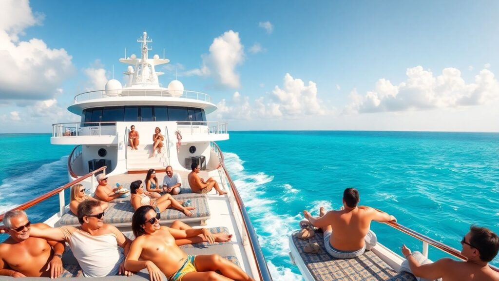 Cruise ship with diverse couples relaxing in the Caribbean.