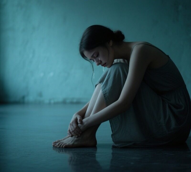 Emotional vulnerability and catharsis in a submissive pose.