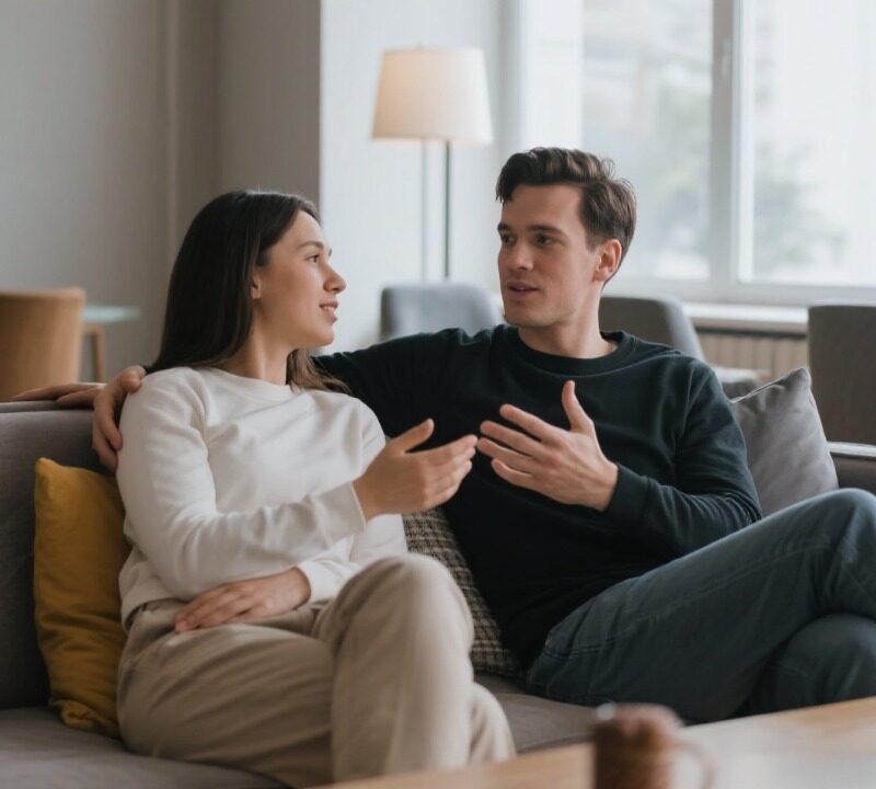 Couple in lounge, subtle communication signals.