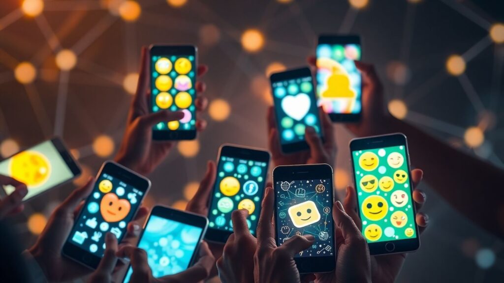 Digital communication with emojis and connections.