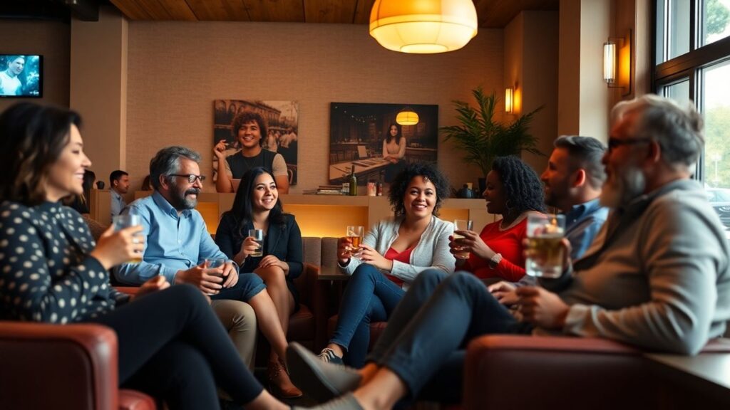 Diverse adults chatting comfortably in a cozy lounge