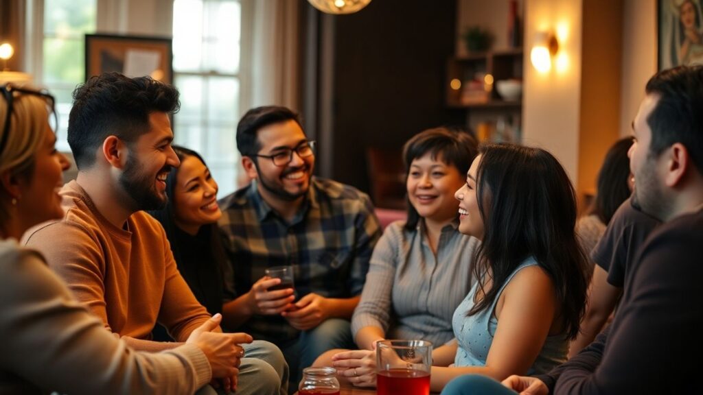 Diverse adults chatting comfortably in a cozy lounge setting.