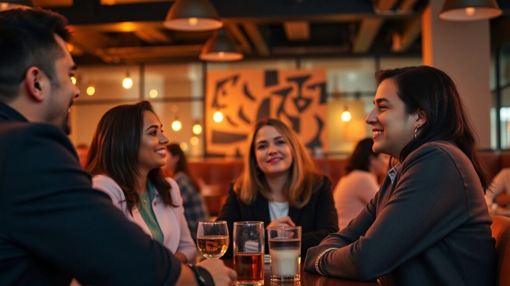 Diverse adults chatting in a cozy, inviting lounge setting.