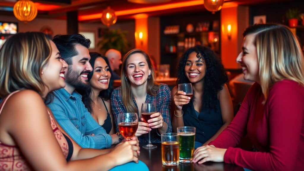 Diverse adults chatting in cozy lounge, warm atmosphere