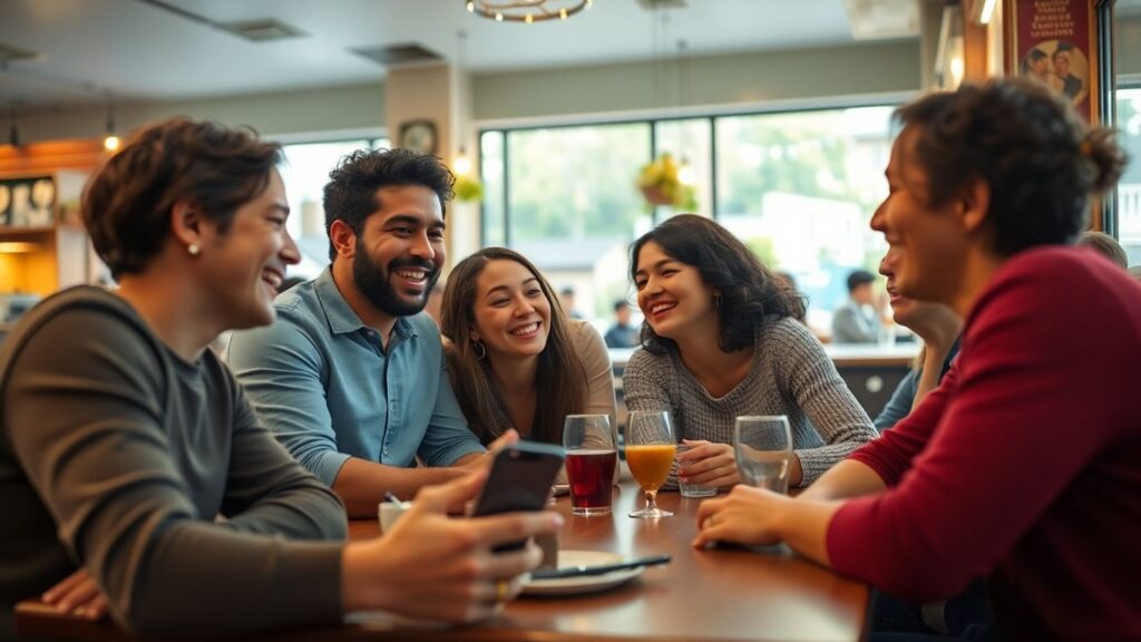 Diverse adults connecting at caf&eacute; with smartphone visible.