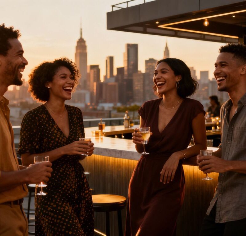 Diverse adults connecting at rooftop bar during sunset.