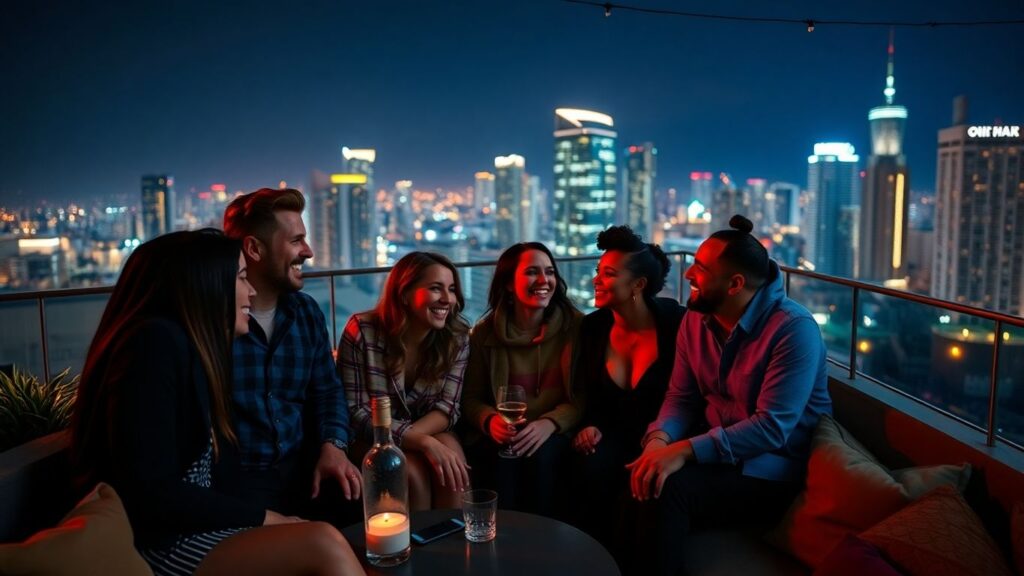 Diverse adults enjoying a flirty night at rooftop bar.