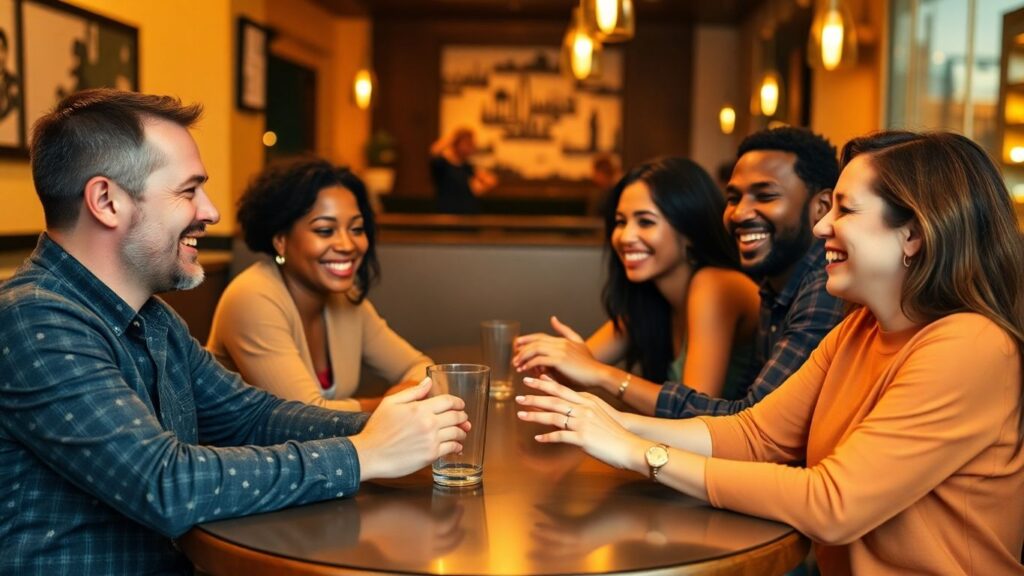 Diverse adults laughing and connecting at a cozy caf&eacute; table.