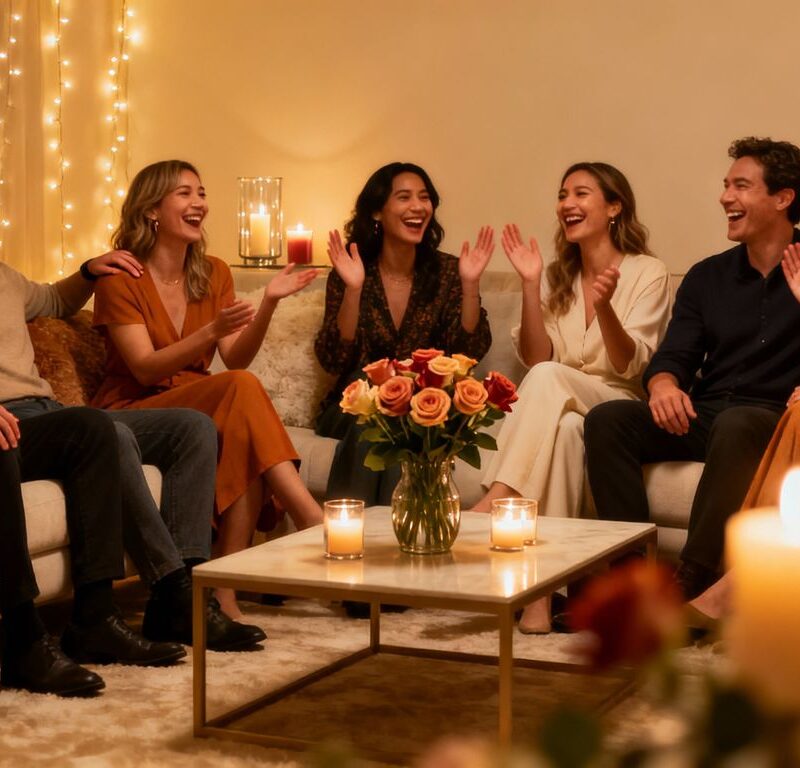 Diverse adults laughing in a cozy lounge setting