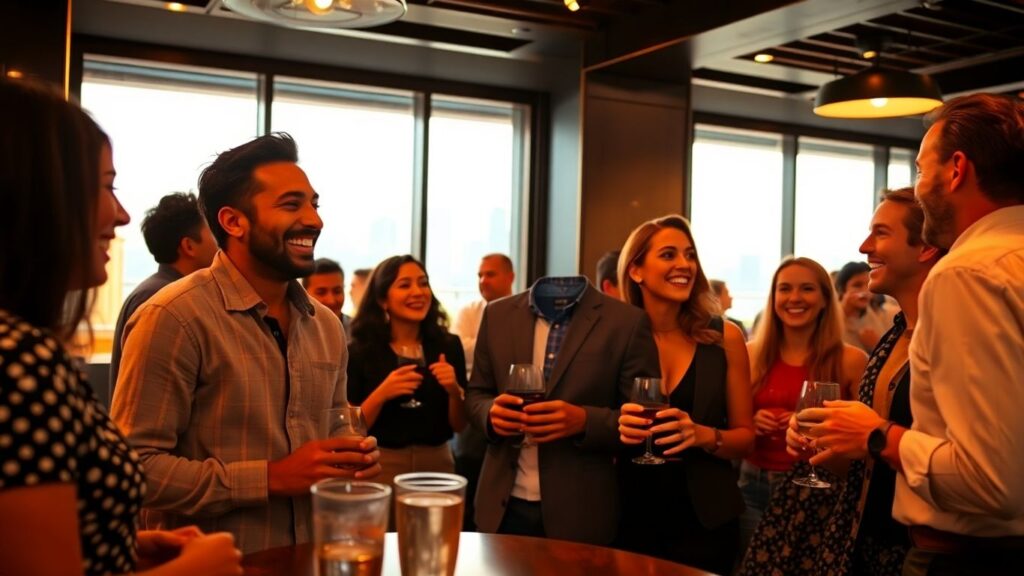 Diverse adults laughing in a cozy, modern lounge setting.