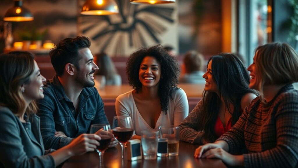 Diverse adults laughing together at a cozy, intimate caf&eacute;.