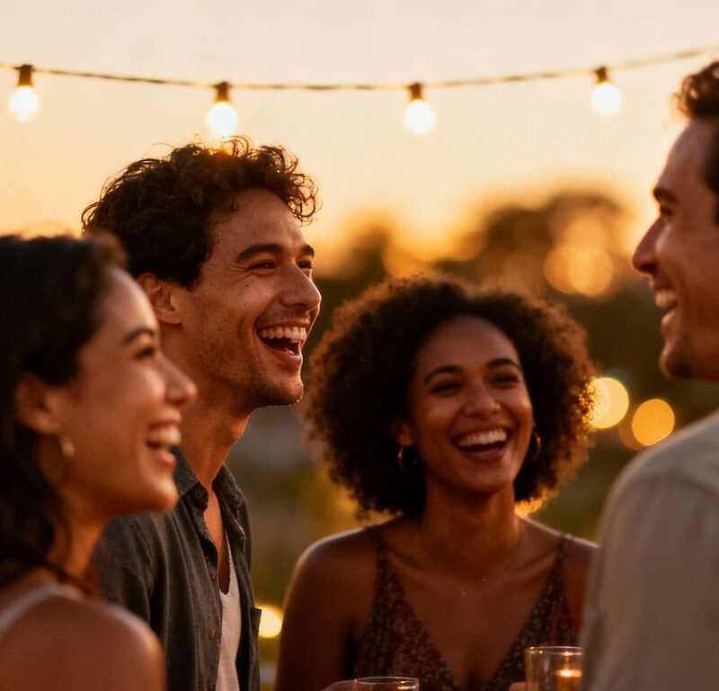 Diverse adults laughing together at a night party