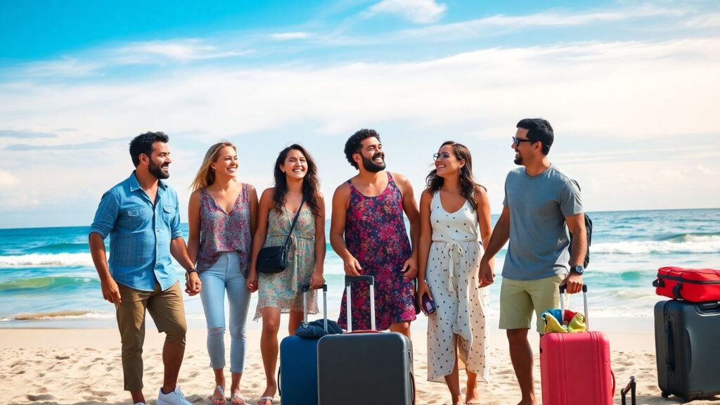 Diverse adults laughing together on a sunny beach trip.