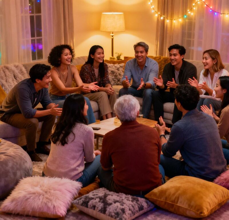 Diverse adults relaxing together in a cozy living room
