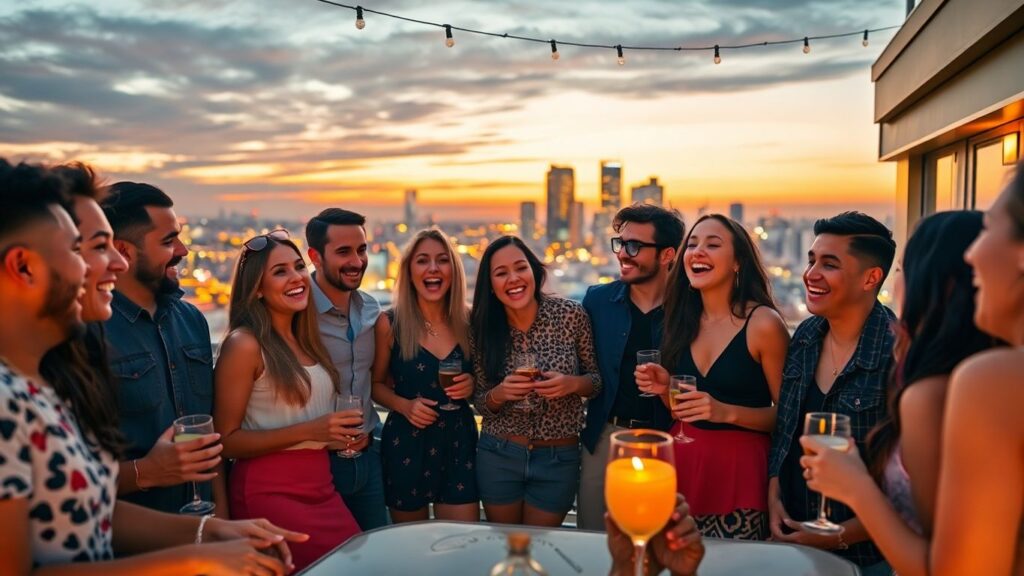 Diverse adults socializing at rooftop bar during sunset