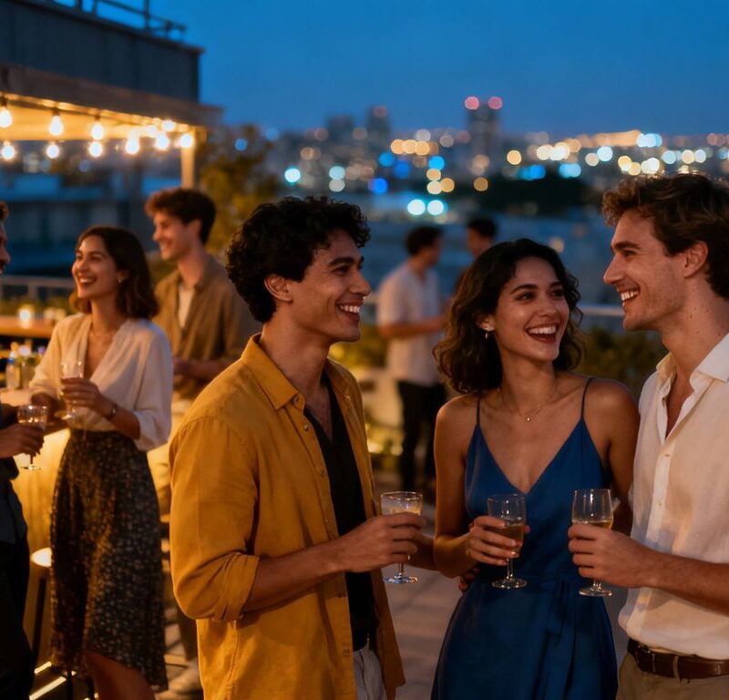 Diverse adults socializing at rooftop bar, nighttime city lights.