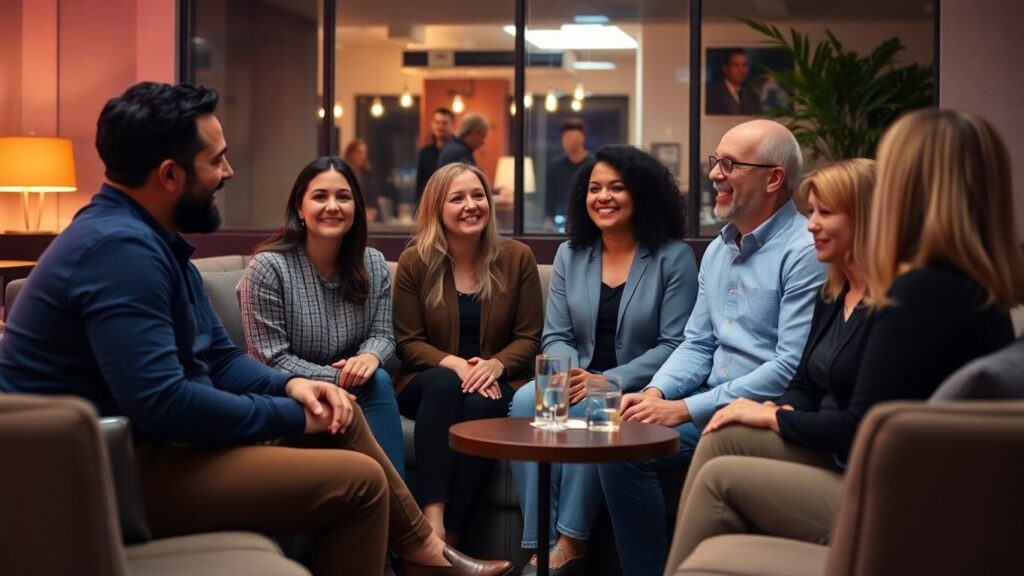 Diverse adults warmly interacting in a cozy lounge setting.