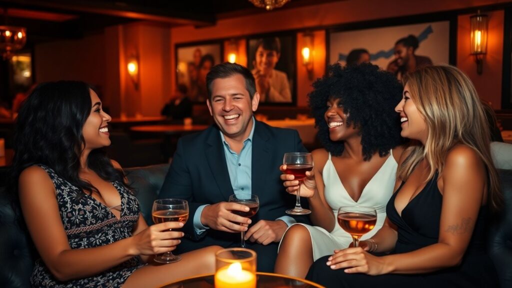 Diverse couples relax together in a cozy, intimate lounge.