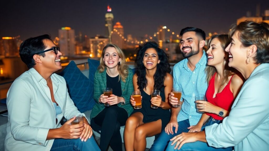 Diverse friends laughing at rooftop evening gathering