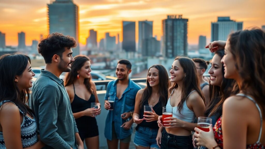 Diverse group mingling at rooftop party, modern city sunset.