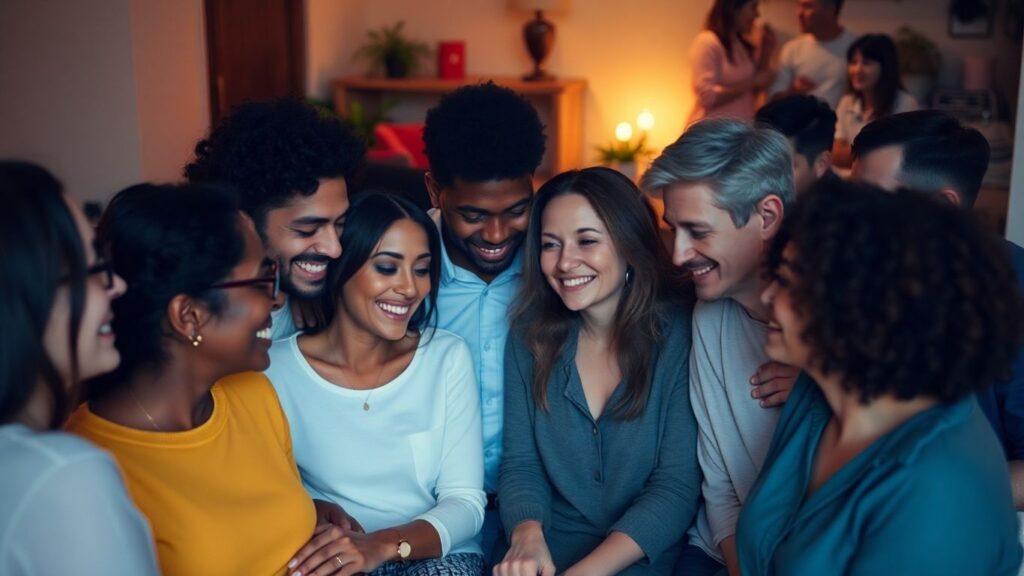 Diverse group sharing intimate moments in a cozy setting.