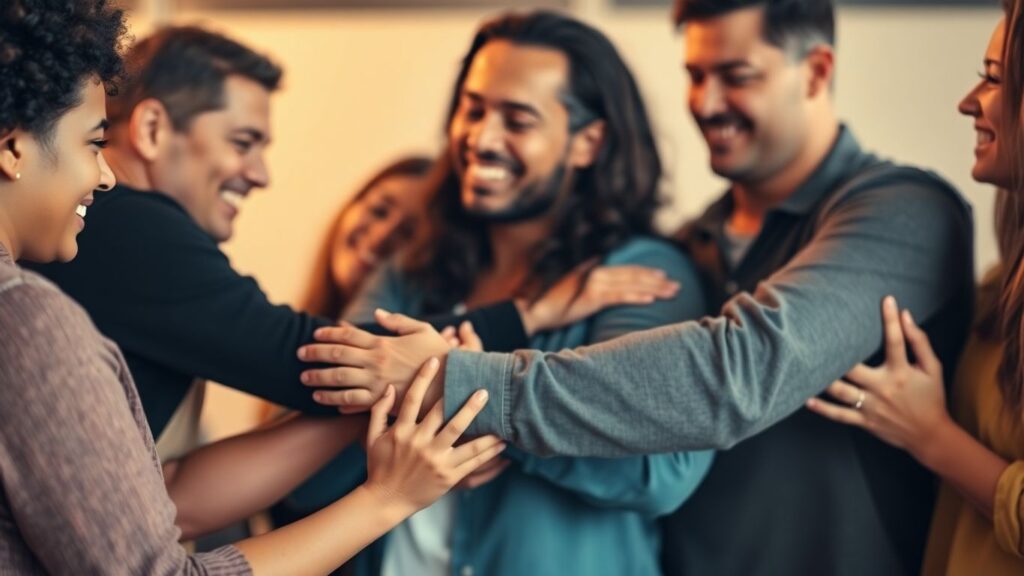 Diverse people embracing, showing intimacy and connection.