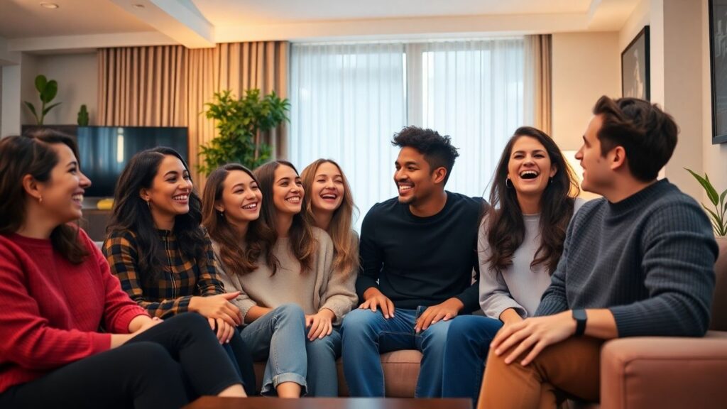 Diverse young adults socializing in a modern apartment.
