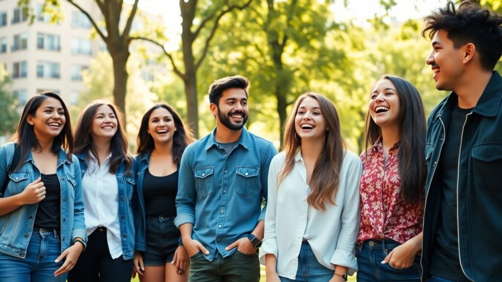 Diverse young people laughing together in sunny urban park