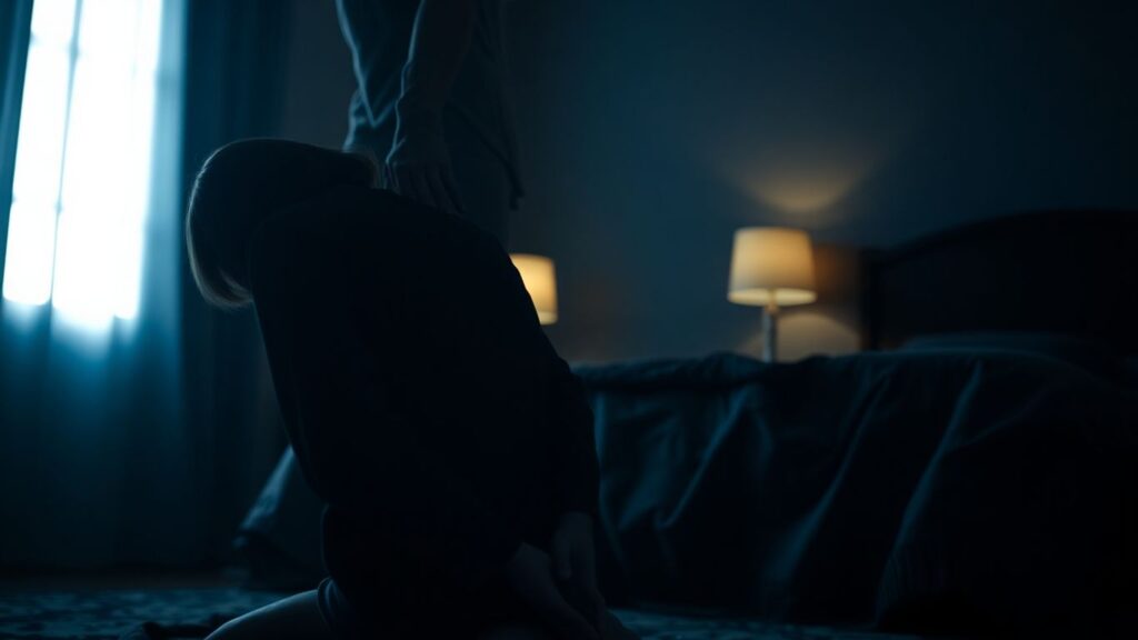 Dominant figure standing over a kneeling figure in a bedroom.