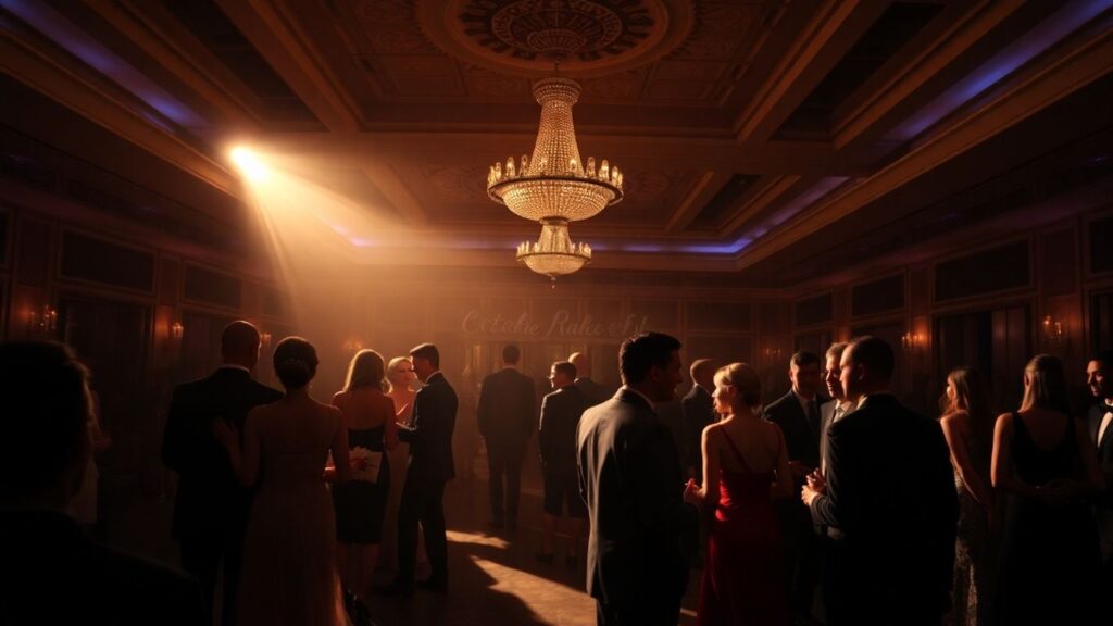 Elegant couples at a Halloween erotica ball.