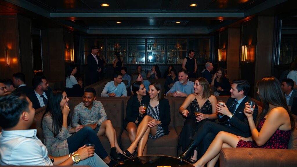 Elegant lounge with diverse adults socializing and laughing
