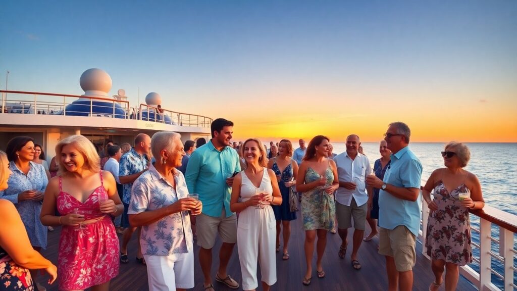 Empty nesters and younger couples on cruise ship deck