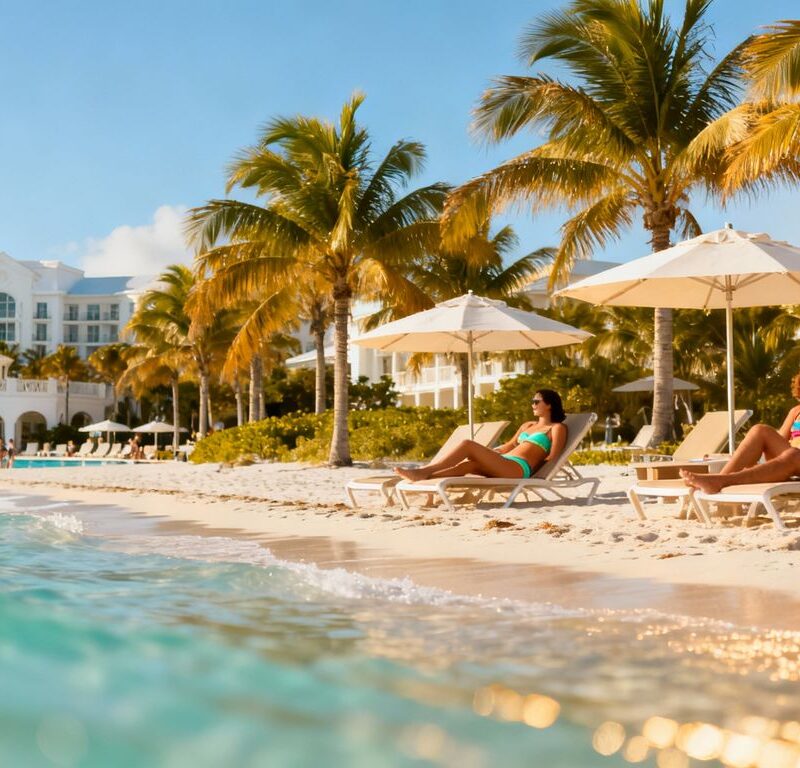 Florida beach with couples and palm trees.