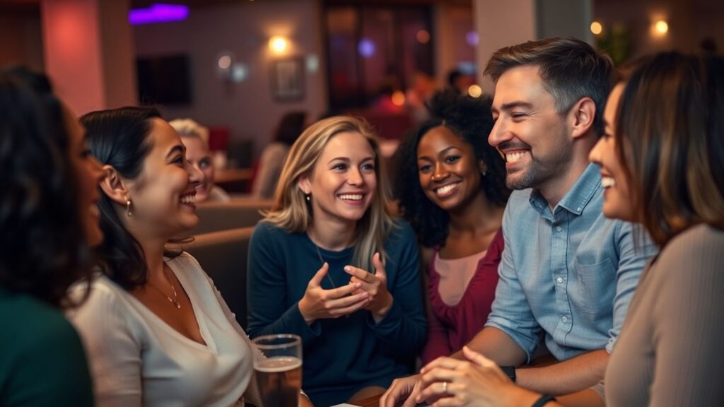 Friendly group chatting in a cozy lounge setting