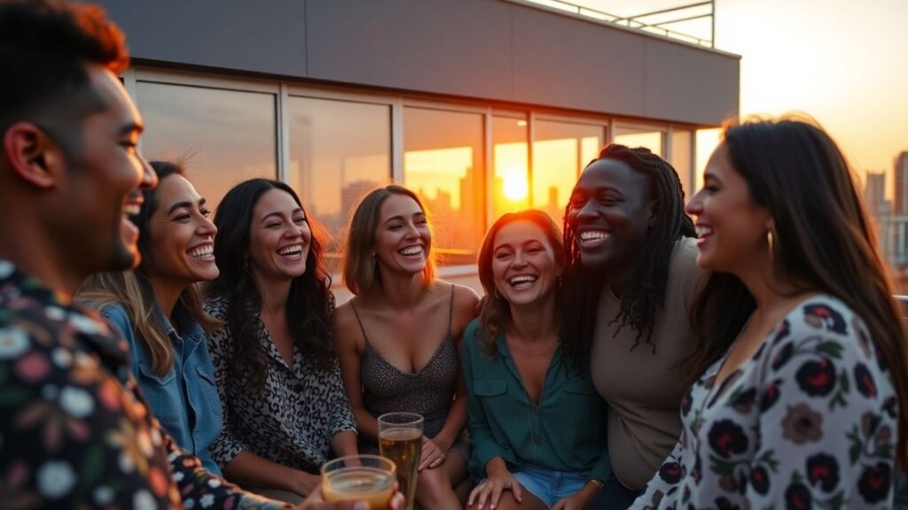 Friends connecting at a rooftop party during sunset