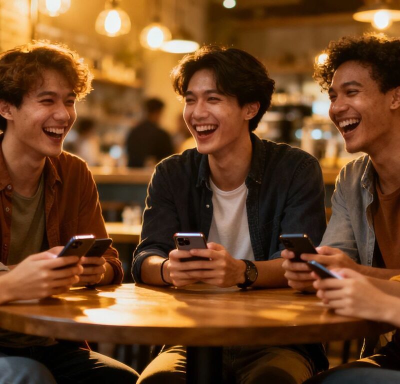 Group of young adults laughing at café with phones