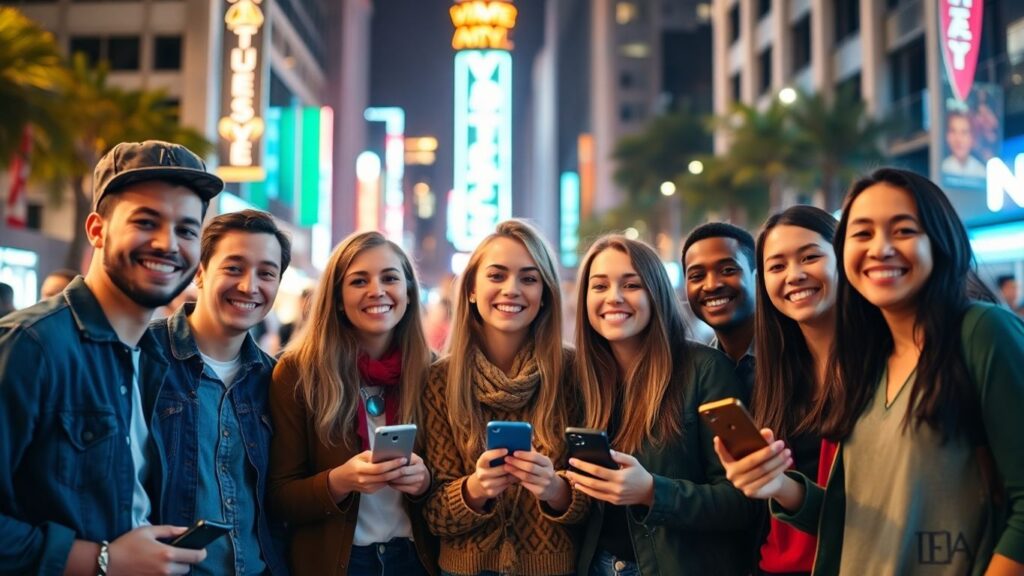 Group of young adults smiling with smartphones at night.