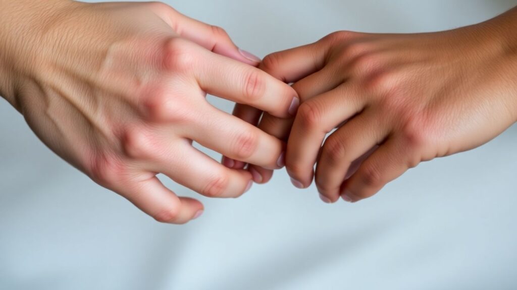 Hands gently touching in an intimate, shared moment.