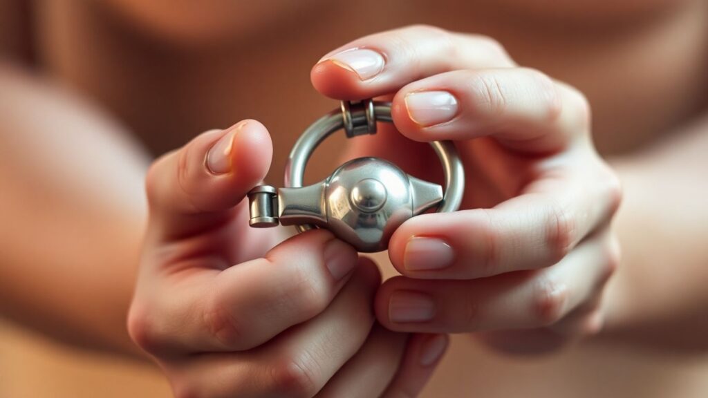 Hands holding a metal chastity device.