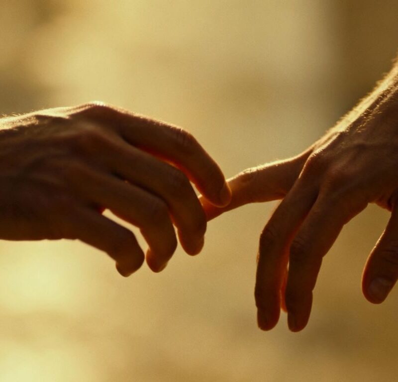 Hands reaching towards each other in an intimate gesture.