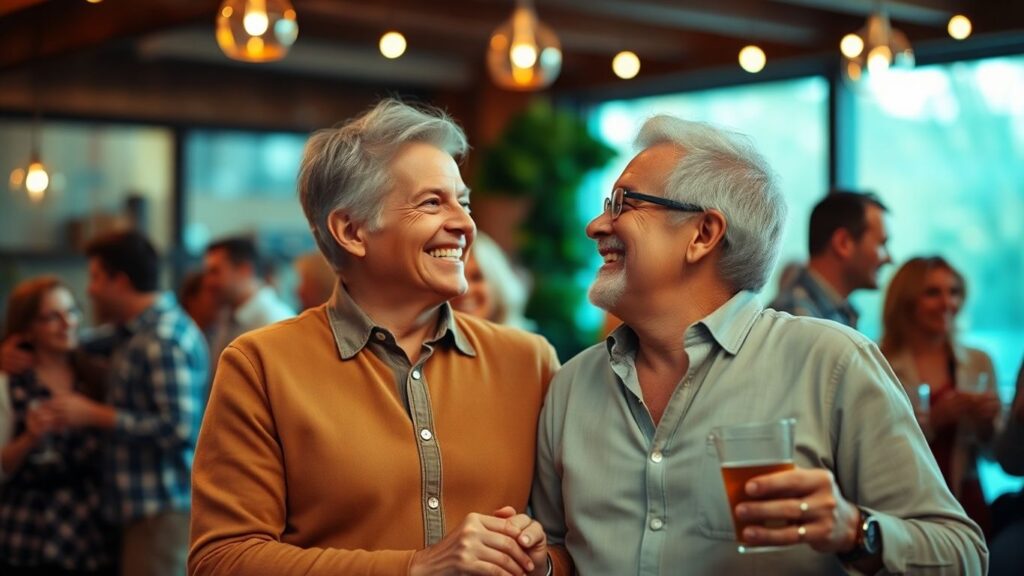 Happy empty-nest couples enjoying a lively social gathering