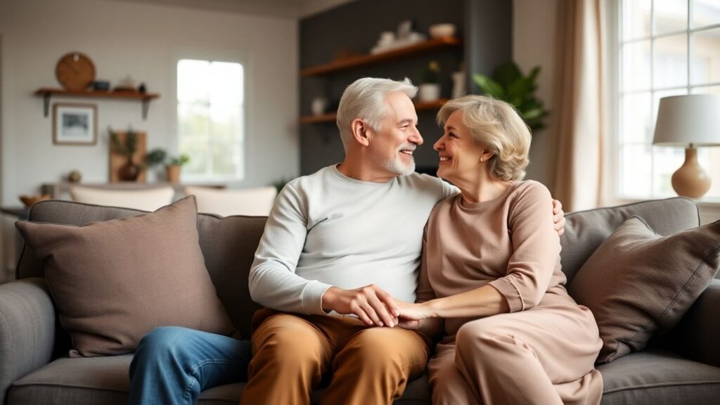 Happy mature couple sitting closely on a couch