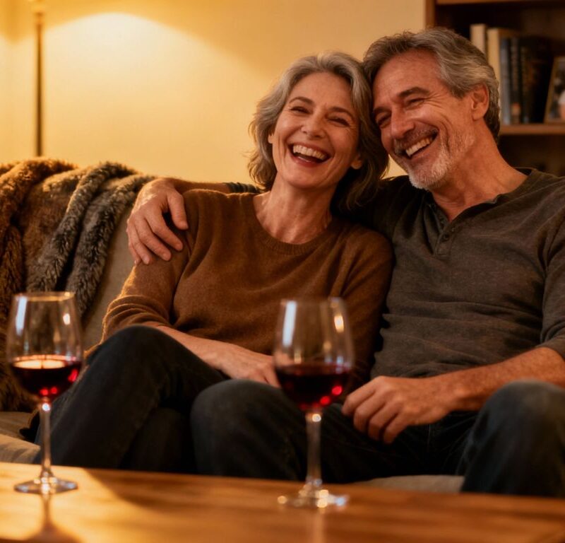 Happy mature couples relaxing together at home