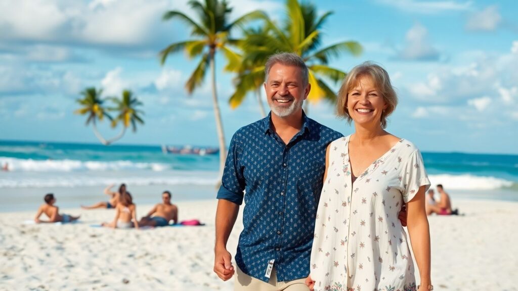 Happy mature couples walking together on a tropical beach