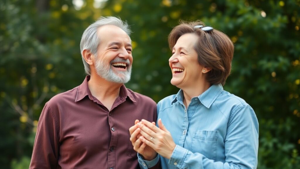Happy middle-aged couple laughing outdoors, holding hands